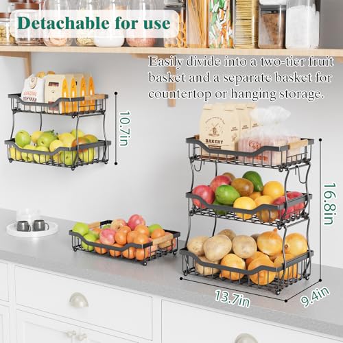 Giwil 3 Tier Countertop Fruit Basket for Kitchen, Vegetable Storage Bread Fruit Bowl Stand with 2 Banana Hooks, Wall Mounted Metal Wire Basket Organizer for Potato Onion, Black - size: 3 Tier Wire Basket Top