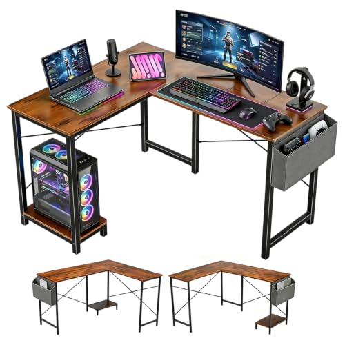 L-Shaped Corner Home Office Computer Desk, Gaming Desk with CPU Stand Shelf and Hanging Storage Pocket, Student Study Writing Table, Sturdy Metal Frame, 43.3" D x 50" W, Rustic Brown - color: Rustic Brown