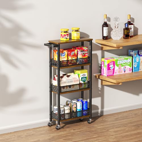 4-Tier Slim Rolling Storage Cart for Kitchen Bathroom Organizer, Mobile Narrow Storage Cabinet Utility Cart with Wood Rack on Wheels for Pantry Laundry Small Space - size: Brown/Net Bar