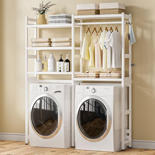 Cozivolife Over The Washer and Dryer Storage Shelf Bamboo,5 Tiers Laundry Room Drying Rack with Adjustable Shelves and 4 Hooks,Space Saver Organizer for Hanging Clothes and Towels (White) - color: White
