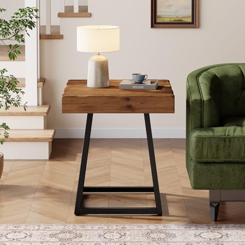 Solid Wood End Table, 19.7" Square Side Table with Metal Frame, Industrial Nightstand for Living Room, Bedroom, Small Spaces