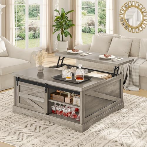Itaar 39.4'' Lift Top Coffee Table with Storage, Farmhouse Coffee Tables for Living Room, Square Coffee Table with Large Hodden Compartment & 2 Drawrs & Adjustables Shelves (Gray) - color: Grey