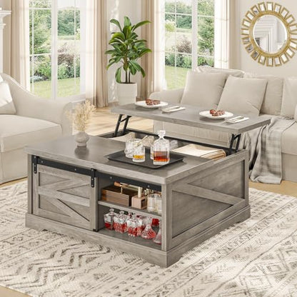 Itaar 39.4'' Lift Top Coffee Table with Storage, Farmhouse Coffee Tables for Living Room, Square Coffee Table with Large Hodden Compartment & 2 Drawrs & Adjustables Shelves (Gray) - color: Grey