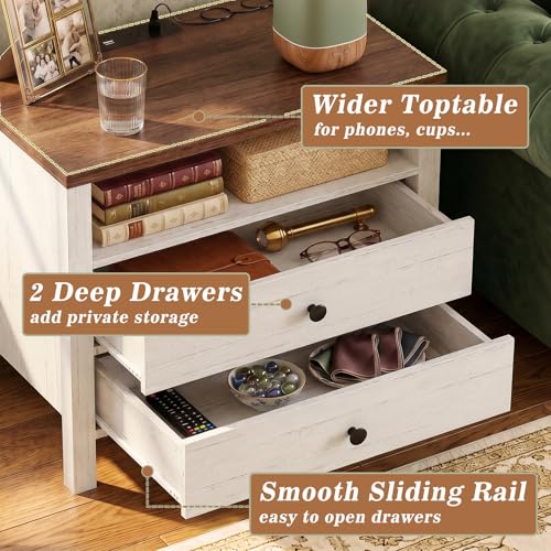 Aheaplus Nightstand with Charging Station, 23.6'' Large Bed Side Table with Wooden 2 Drawers, Night Stand for Bedroom, End Table with Open Storage Shelf for Living Room, Set of 2, White & Brown - color: White & Brown
