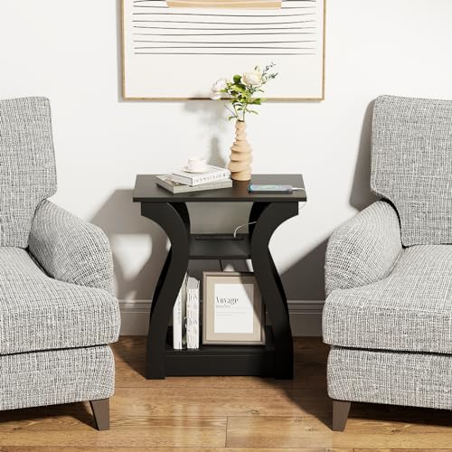 FROMJBEST End Tables Living Room with Charging Station, Black Side Tble | Side Table Living Room, with USB Ports and Outlets, Nightstand for Bedroom, 3-Tier Storage Shelf, Bedside Table - color: Black