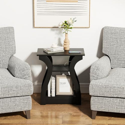 FROMJBEST End Tables Living Room with Charging Station, Black Side Tble | Side Table Living Room, with USB Ports and Outlets, Nightstand for Bedroom, 3-Tier Storage Shelf, Bedside Table - color: Black