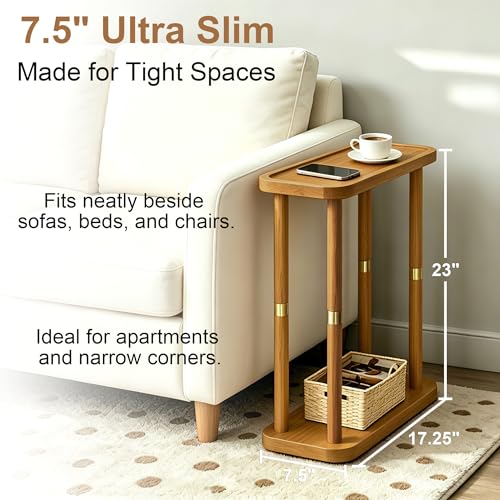 Solid Wood Narrow Side Table, 7.5-Inch Slim End Table for Small Spaces, Skinny Nightstand & Sofa Table with Storage Shelf for Living Room, Bedroom, Amber Brown - color: Amber Brown