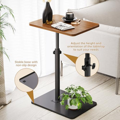 NiHome Minimalist Height Adjustable End Table, 360° Rotatable Sofa Armrest Side Tray Table, Adjustable Legs Space-Saving Couch Bedside Bathtub TV Tray C-Shaped End Table Snack Table for Eating (Brown)