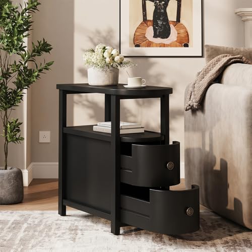 LITTLE TREE Solid Wood End Table with 2 Drawers & Open Shelf, No Assembly Required Side Table for Living Room, Black Couch Side Tables, Slim Bedside Table Nightstand for Bedroom - color: Black