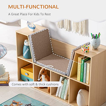 HOMCOM 6-Cubby Kids Bookcase with Reading Nook and Cushion, Multi-Purpose Storage Organizer for Bedroom, Living Room, Natural - color: Natural Wood