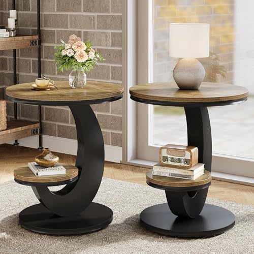 Tribesigns Round End Table, 2 Tiers Side Table with Storage Shelf, Sofa Side Bedside Nightstand with Wood Metal C-Shaped Frame for Small Spaces, Living Room, Easy to Assemble, Light Brown (2PCS) - color: Light Brown