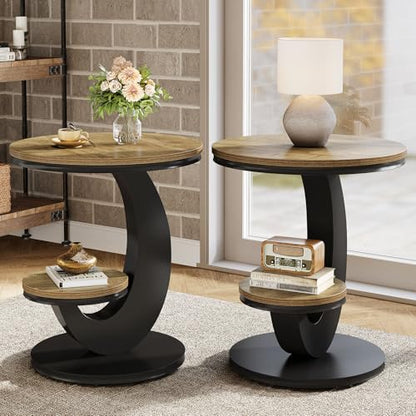 Tribesigns Round End Table, 2 Tiers Side Table with Storage Shelf, Sofa Side Bedside Nightstand with Wood Metal C-Shaped Frame for Small Spaces, Living Room, Easy to Assemble, Light Brown (2PCS) - color: Light Brown