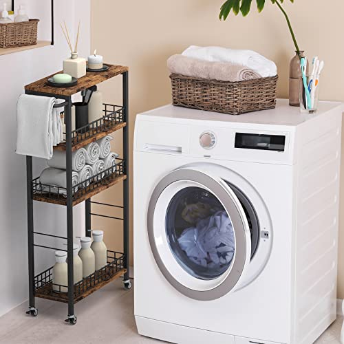 NOVIMANGO Slim Storage Cart Narrow Laundry Cart 4 Tier, Black | Rolling Kitchen Cart with Wheels, Narrow Bathroom Cart, with Handle for Small Spaces, with Wood Tabletop - color: Brown