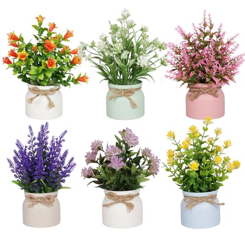 Yoratee 6pcs Artificial Pot Flowers Small Fake Plants Mini Potted Plants for Home Office Tabletop Decoration - color: 6pcs