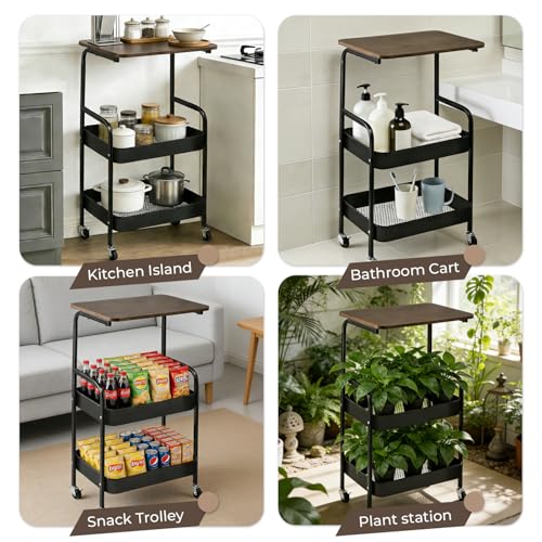 Y YOMA 3 Tier Rolling Utility Cart with Table Top, Metal Storage Organizer with Wheels for Small Space, Office, Kitchen, Bathroom, Dorm, Coffee Station - Black