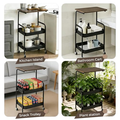 Y YOMA 3 Tier Rolling Utility Cart with Table Top, Metal Storage Organizer with Wheels for Small Space, Office, Kitchen, Bathroom, Dorm, Coffee Station - Black