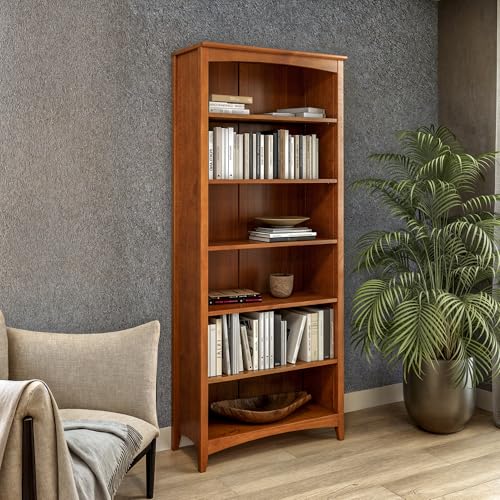 Camaflexi Shaker Style 6 Shelf Bookcase / Solid Wood / 72 inch Tall / Adjustable Shelving / Closed Back / Display Bookshelf for Living Room, Bedroom, Home and Office, Cherry - color: Brown, size: 72"