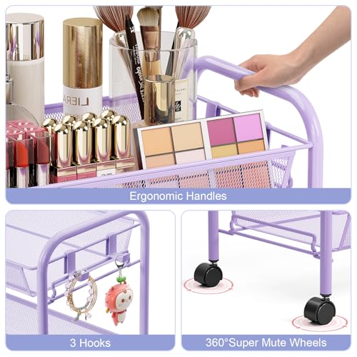 TOOLF 4-Tier Rolling Cart, Metal Utility Cart with 3 Hooks, Easy Assemble Mobile Storage Trolley On Wheels, Metal Shelving Units Kitchen Bathroom Laundry Room - color: Purple, size: 4-Tier