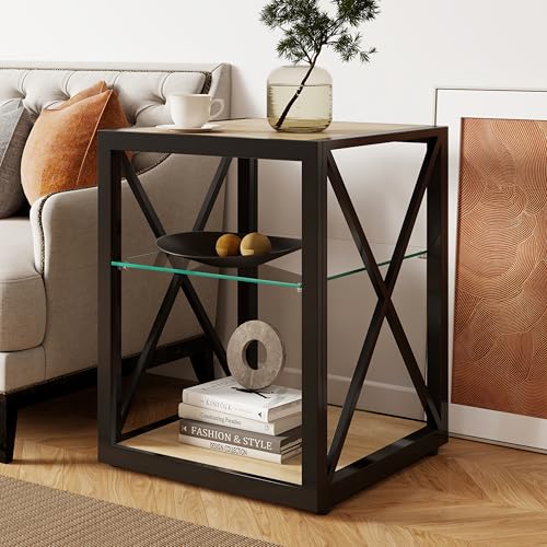 Bellemave 1 piece Side Table for Bedroom & Living Room, Modern End Table with 3-Tier Storage Shelve, Tempered Glass & Wood MDF, X-Frame Metal Support, Nightstand for Small Spaces, Natural - style: with glass