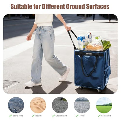 Reusable Grocery Bag Tote Bag with Wheels, Foldable Rolling Tote Bag with 3 Handles and Zipper - color: Navy Blue, size: Medium