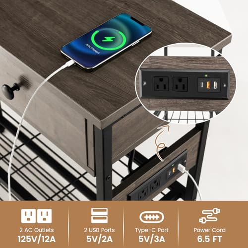 GOFLAME Console Table with Power Outlet, Narrow Entry Table with Drawers, 2 AC Outlets & 2 USB Ports, Sofa Table for Living Room Behind Couch, Living Room, Foyer, Grey Oak