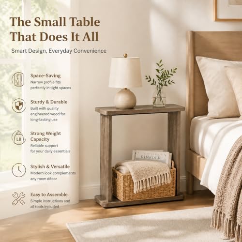 Narrow Side Table for Small Spaces, 7.9" Slim End Table with 2-Tier Open Storage Shelf, Modern Skinny Wood Sofa Table for Living Room, Bedroom, Nightstand, Couch (Oak) - color: Oak
