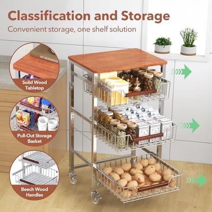 4-Tier Slim Rolling Fruit & Vegetable Storage Cart with Removable Baskets, Narrow Metal Kitchen Organizer Cart on Wheels, Fruit Basket Stand & Fruteros para Cocina, Pantry Cart for Storage - size: 4-Tier Slim