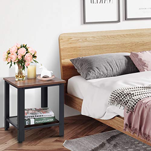 Small Side Table, 2-Tier End Table with Mesh Shelves & Metal Frame, Industrial Sofa Side Table w/Adjustable Feet for Living Room, Nightstand for Small Space, Dorm, Bedroom (1)