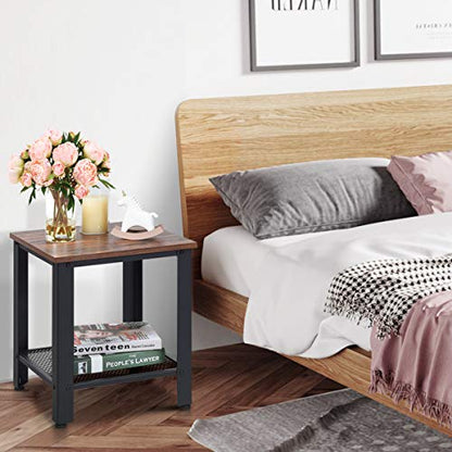 Small Side Table, 2-Tier End Table with Mesh Shelves & Metal Frame, Industrial Sofa Side Table w/Adjustable Feet for Living Room, Nightstand for Small Space, Dorm, Bedroom (1)