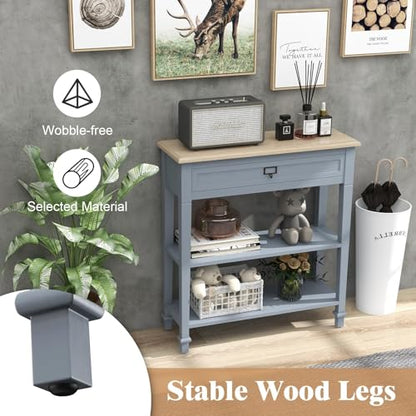Kinpaw Narrow Console Table with Storage- Bluish Grey Entryway Table, Small Sofa Table with Drawer & Storage Shelf for Hallway, Entryway, Foyer, Behind Couch, Living Room Furniture,Wood - color: Grey-2 Shelves