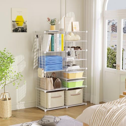 C&AHOME Wire Cube Storage Unit, Interlocking Metal Wire Organizer with Divider Design, Modular Cabinet with Plastic Panels, Bookshelf Stackable Closet Organizer with Small Hooks, White UWCSIM08W - color: White