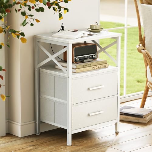 Huuger Nightstands Set of 2, Night Stand with Charger Station, 2 Drawer Side Table with Open Shelf, USB-C Port, End Table for Small Spaces, X Shaped Side Rail, White - color: White