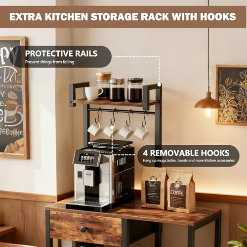 Kitchen Bakers Rack with Drawer,6 Tier Microwave Stand with Hooks | Adjustable Coffee Bar Station,Free Standing Bakers Rack with Storage,Kitchen Appliance Storage Shelf for Spices,Pots
