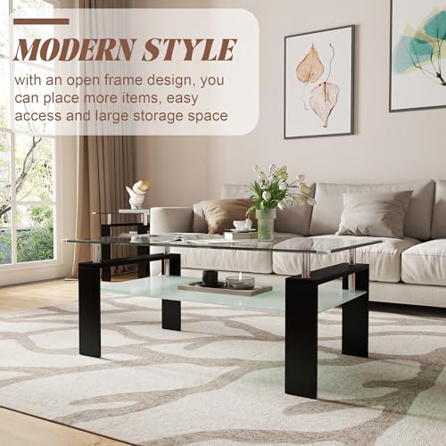2-Tier Coffee Table with Tempered Glass Top and MDF Frame, Modern Black Rectangular Glass Center Table for Living Room, Apartment, Office, Easy to Assemble - color: Black, size: Coffee Table