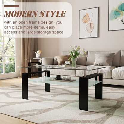 2-Tier Coffee Table with Tempered Glass Top and MDF Frame, Modern Black Rectangular Glass Center Table for Living Room, Apartment, Office, Easy to Assemble - color: Black, size: Coffee Table