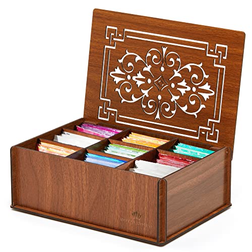 RoyalHouse Premium Wood (Hard MDF) Tea Storage Box Organizer (Brown), Eco-Friendly Multi-Functional Decorative Box, 9 Compartments For Assorted Variety Of Tea Bags and Small Items | Eco Friendly Design, Decorative Storage Box, Multi Functional Organizer,