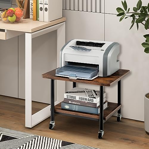 Tangkula 2-Tier Printer Stand, Under Desk Rolling Printer Cart with 2 Storage Shelves, Mobile Machine Stand Printer Tables for Small Spaces - color: Rustic Brown