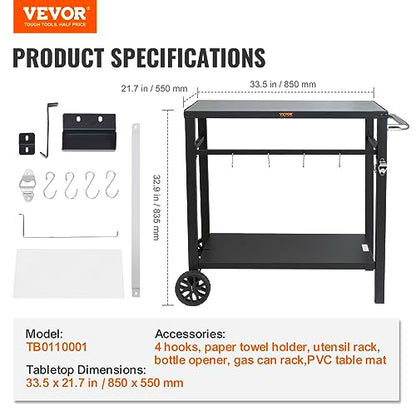 VEVOR Outdoor Grill Cart with Double-Shelf, BBQ Movable Food Prep Table with PVC Placemat, Black Iron Table Top, Portable Modular Carts for Pizza Oven, Worktable with 2 Wheels, Carry Handle - size: 21.7"D x 33.5"W x 32.9"H, style: Iron Table Top