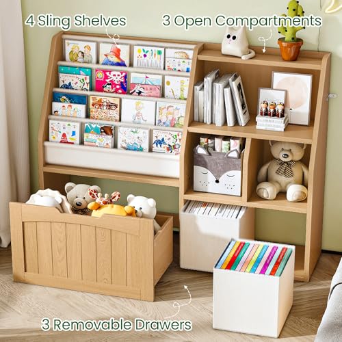 CHOEZON Kids Bookshelf, Children's Bookcase with 4 Sling Book Shelves, Toy Storage Cubby, Fabric Storage Baskets, Wooden Book Shelf for Kids' Room, Playroom, Nursery, Natural and White MCW17NL - color: Natural and White