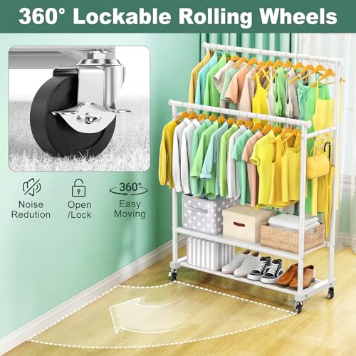 Double Rods Clothes Rack for Hanging Clothes, Heavy Duty Rolling Clothing Rack with Wheels, Freestanding Garment Racks with Oxford Bottom Shelf and Mesh Bottom Shelf for Bedroom Laundry (White) - color: White