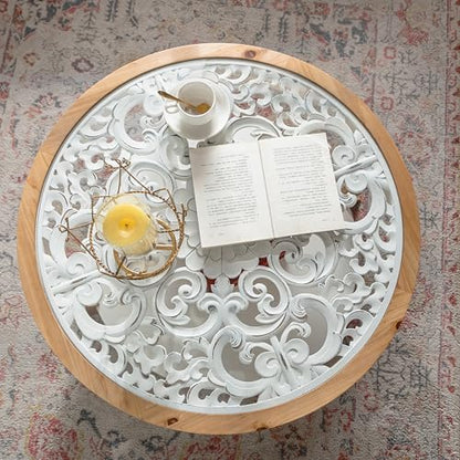 31.5'' Round Coffee Table for Living Room, Modern Countryside Farmhouse Rustic Wood Coffee Table, Curved Legs & Removable Tempered Glass Top, Natural & Wood - color: Ø31.5''-natural & White