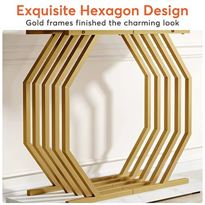 Tribesigns Gold Console Table, Faux Marble Entryway Table Narrow Sofa with Geometric Metal Base, 40 Inch Modern Accent Entrance for Living Room, Hallway, Foyer, White and Gold - color: White
