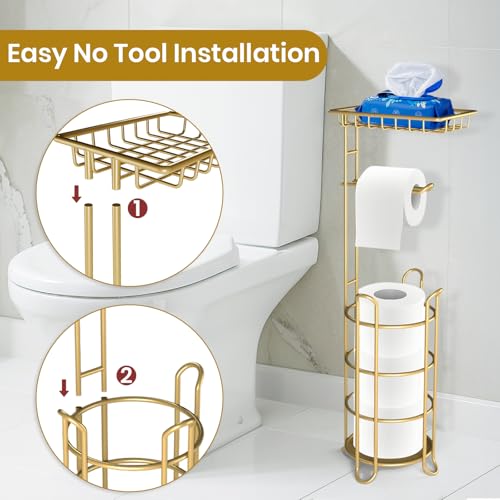 Gold Toilet Paper Holder Stand with Shelf, Freestanding Tissue Roll Holder, Holds 4 Mega Rolls and Extra Storage for Phone, Wipes - color: F-gold