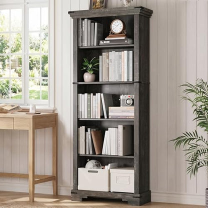 5-Tier Farmhouse Bookshelf, 61.1 inch Tall Bookcase with Storage & Unique Design & One Adjustable Shelf, Wooden Bookshelf for Study Room, Living Room, Home Office, Bedroom (Black) - color: Black