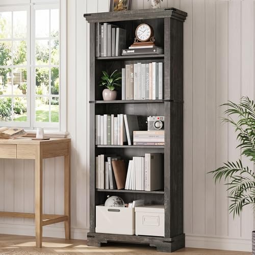 5-Tier Farmhouse Bookshelf, 61.1 inch Tall Bookcase with Storage & Unique Design & One Adjustable Shelf, Wooden Bookshelf for Study Room, Living Room, Home Office, Bedroom (Black) - color: Black