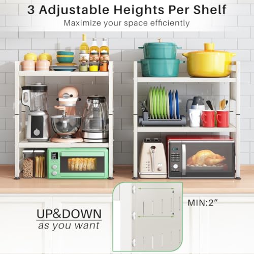 Microwave Stand, 3-Tier Expandable(17.4"-27.4") Microwave Oven Rack, Heavy Duty Adjustable Shelf with 9 hooks, Kitchen Organizer Storage Shelves for Pantry, Countertop, Coffee Bar, Office, Dorm, White - style: 3 Tier-White