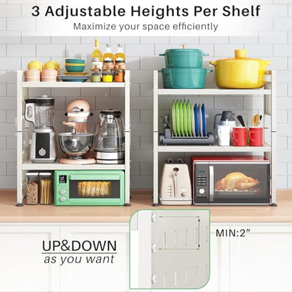 Microwave Stand, 3-Tier Expandable(17.4"-27.4") Microwave Oven Rack, Heavy Duty Adjustable Shelf with 9 hooks, Kitchen Organizer Storage Shelves for Pantry, Countertop, Coffee Bar, Office, Dorm, White - style: 3 Tier-White