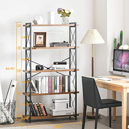 HCHQHS Bookshelf, 5-Tier Industrial Bookcase, Rustic Open Book Shelf, Freestanding Tall Bookshelves with Metal Frame - color: Rustic Brown, size: 5-Tier (35.8"W x 65.7"H)