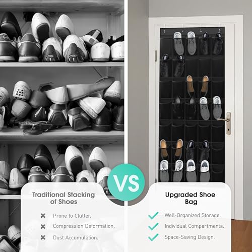 WVM Over the Door Shoe Organizer with 35 Breathable Mesh Pockets, Hanging Shoe Organizer for Door with 4 Metal Hooks, Large Capacity Closet Storage for Shoes, Accessories - style: Black
