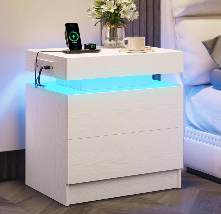 LIKIMIO Nightstand with Charging Station LED Light and 2 Drawers White | bedside table; end table; charging station; LED light; 2 drawers; White wood grain; small spaces - color: White